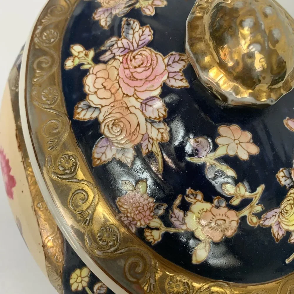 Antique Hand-Painted Porcelain Tureen Chinoiserie Satsuma style Blue Gold Gilt